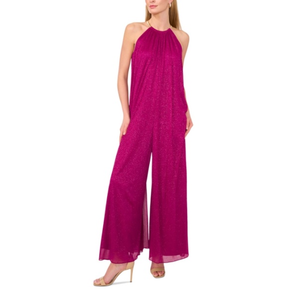 Msk Pants - Msk Women's Necklace Halter Wide-Leg Jumpsuit - Plum Nite SZ:L